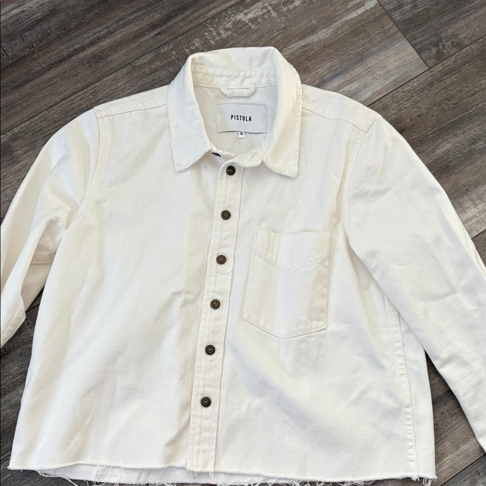 Revolve Pistola Hensley Raw-Edge Cropped Denim Jacket White - Picture 3 of 6